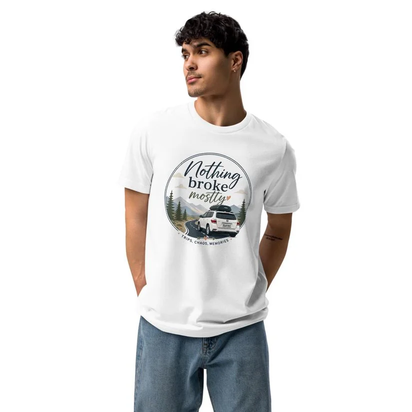 Nothing Broke Mostly Road Trip T-Shirt on Printful model